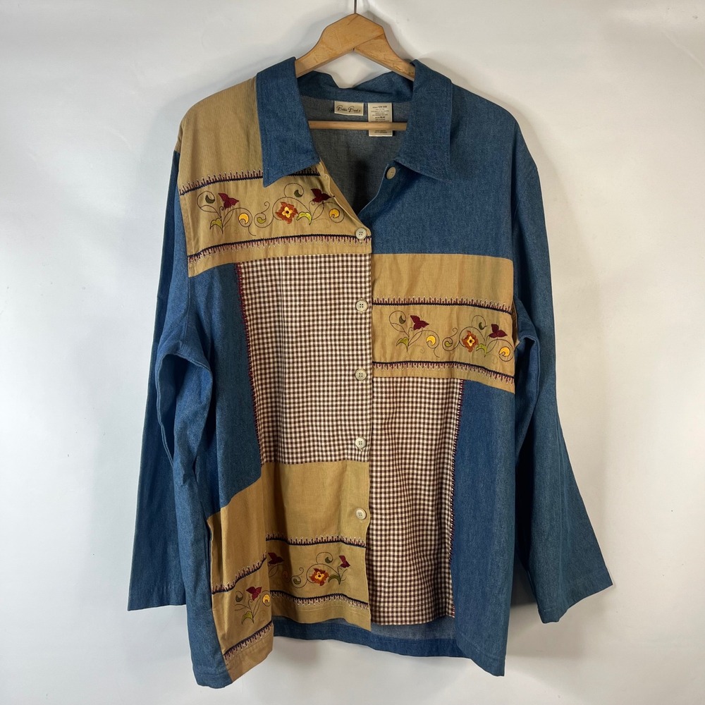 Bobbie Brooks Button Up Shirt Women 18W/20W Blue Patchwork Floral Embroidered